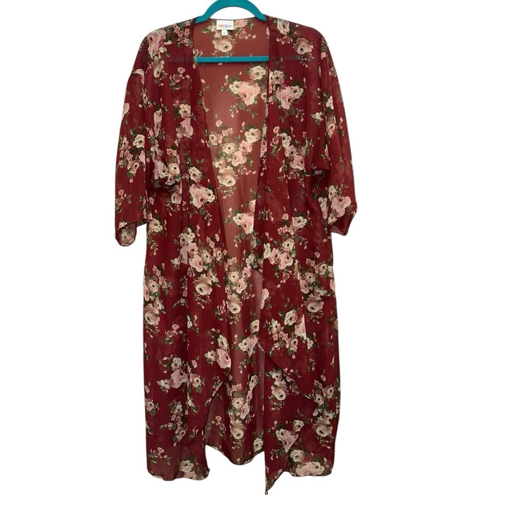 LulaRoe Shirley Medium Red Floral Sheer Duster Kimono‎ Open Front